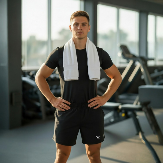 men's recycled athletic shorts black front 