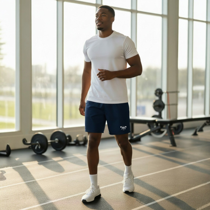 men's recycled athletic shorts navy front 