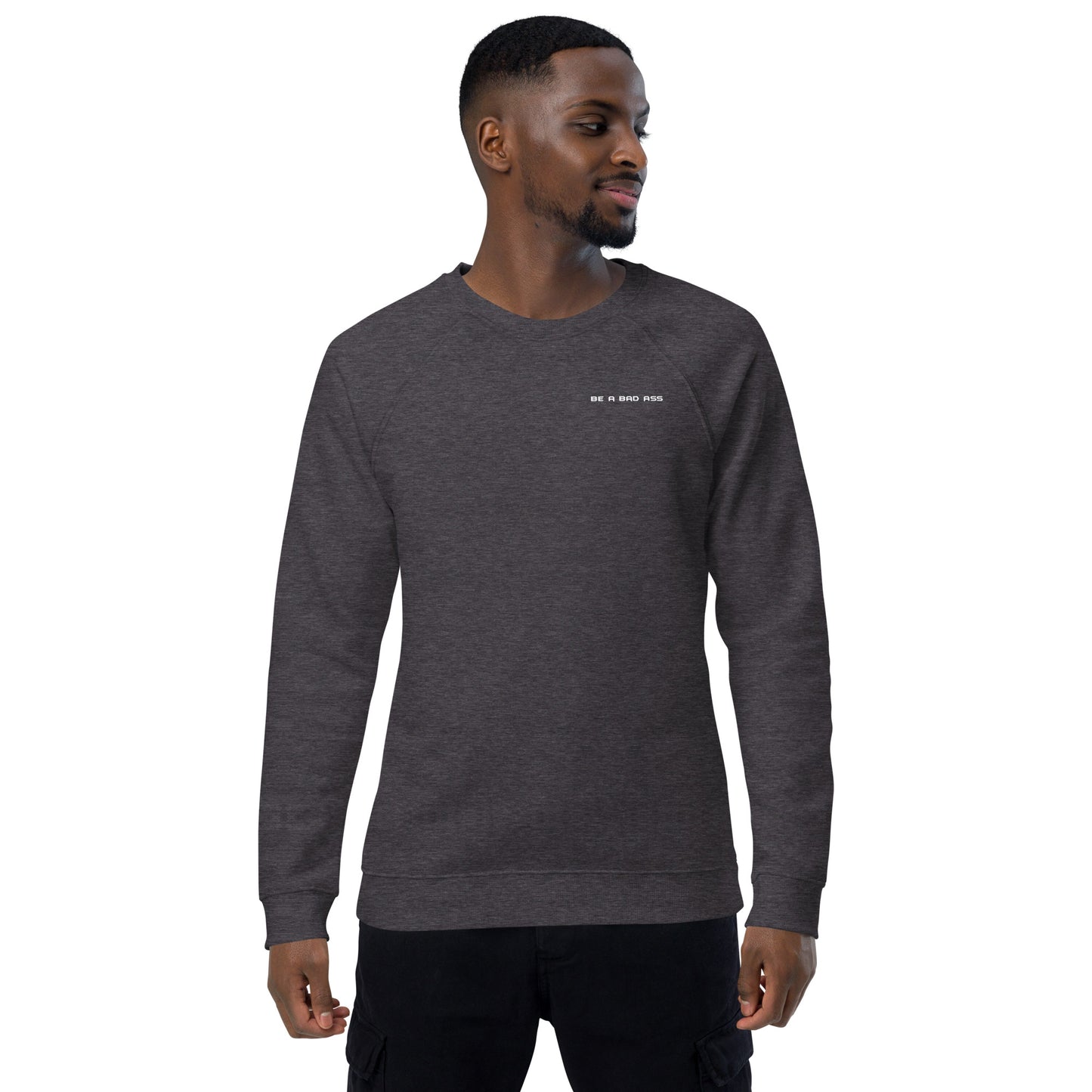 Unisex organic raglan sweatshirt charcoal melange front - basquaredfitness